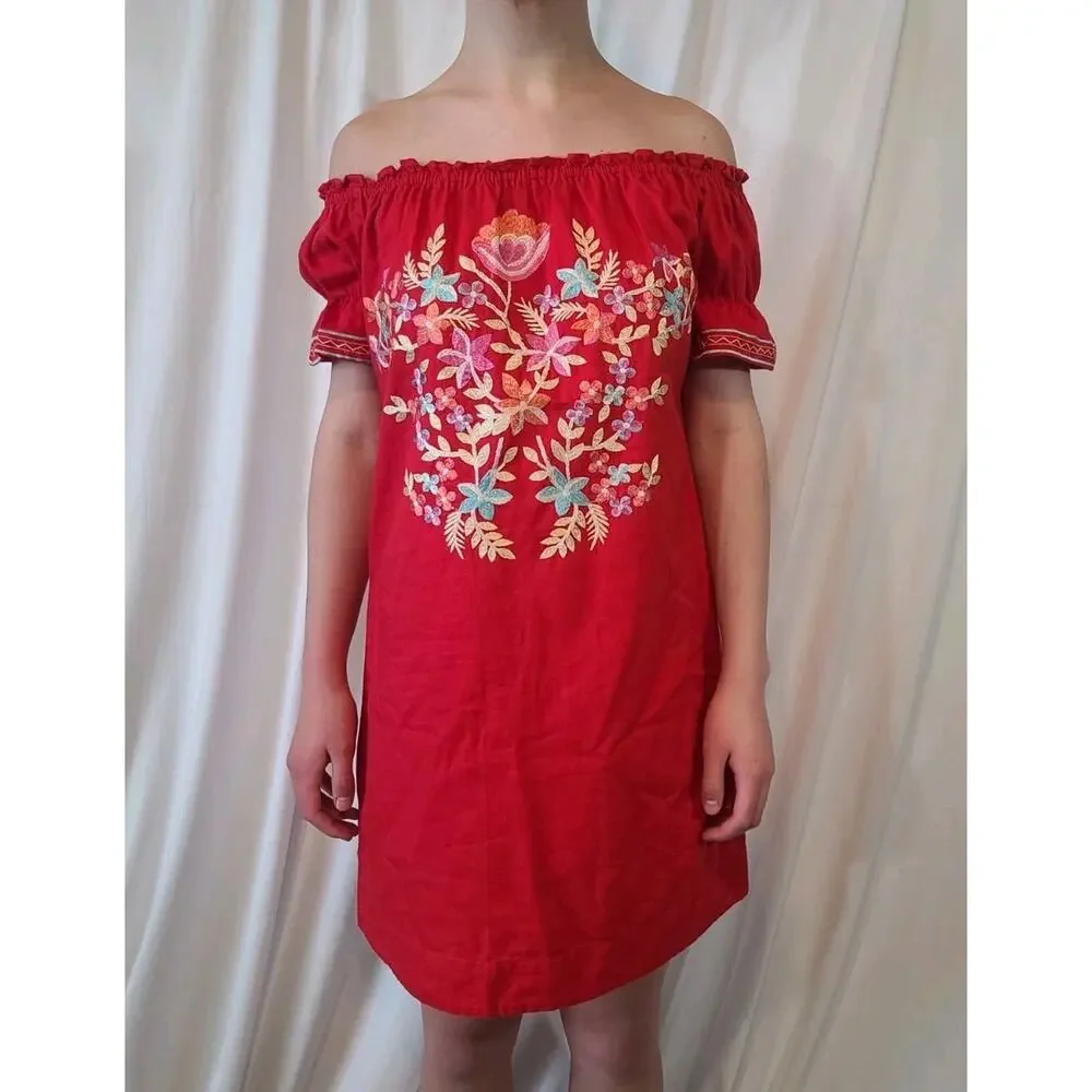 Free People Fleur Du Jour Embroidered Red Off Shoulder Mini Dress XS